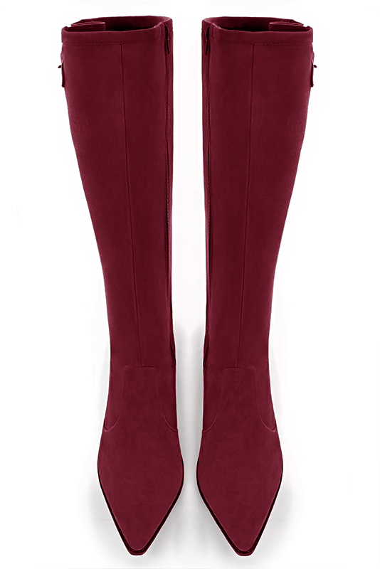 Burgundy red women's knee-high boots with buckles. Tapered toe. Low cone heels. Made to measure. Top view - Florence KOOIJMAN